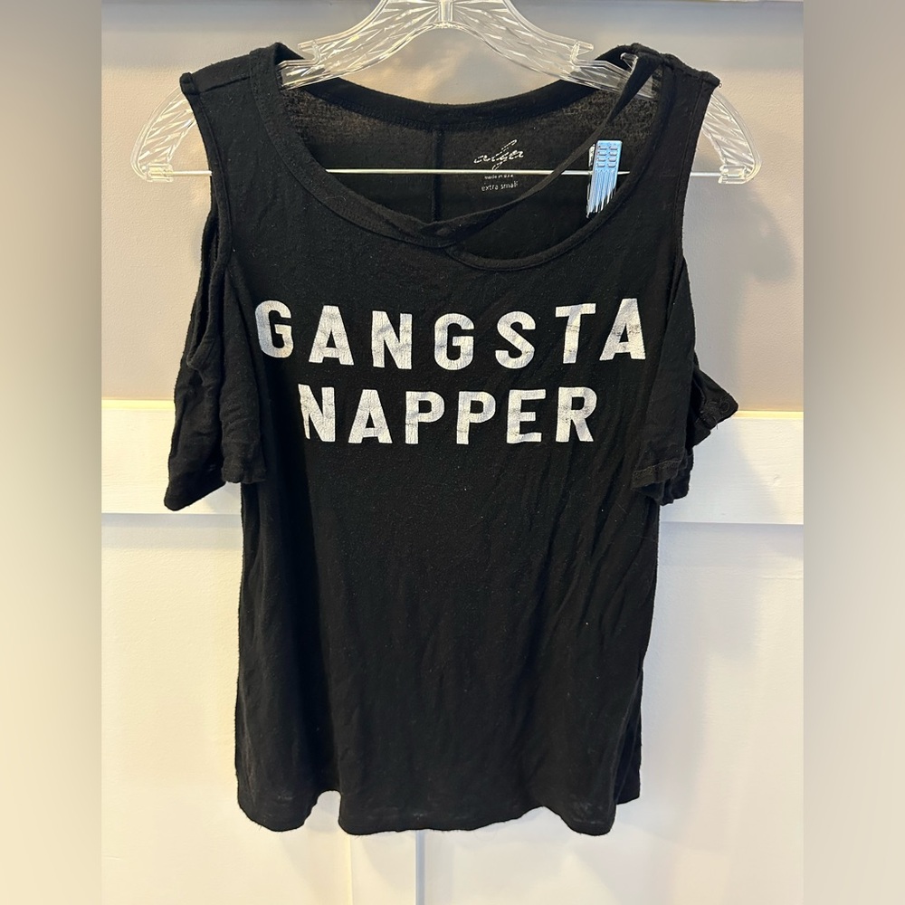“GANGSTA NAPPER” Black and White cold shoulder t-shirt size XS